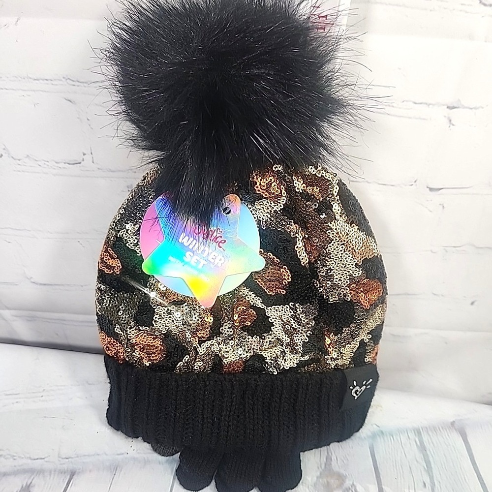 Justice Girls Cheetah BLK Sequin Ribbed Beanie w/faux fur & Gloves 2-Piece Set